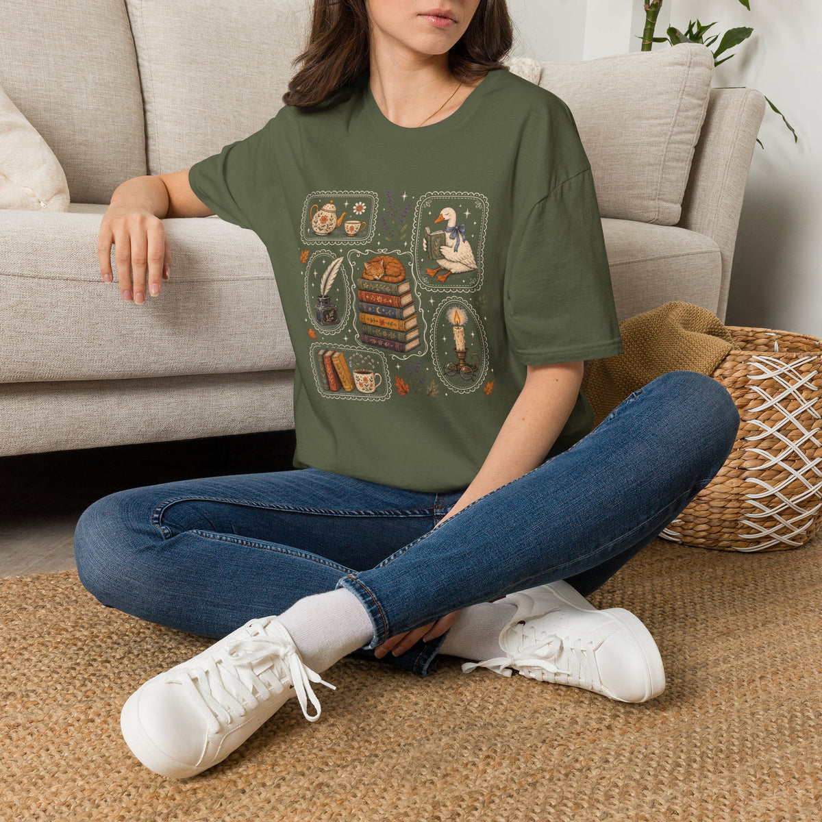 Book Stamp Goose Design T-Shirt