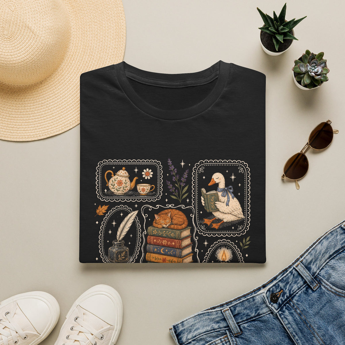 Book Stamp Goose Design T-Shirt