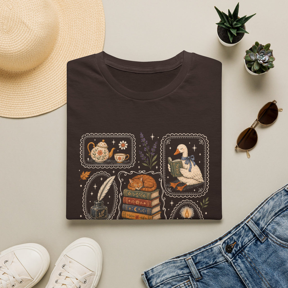 Book Stamp Goose Design T-Shirt