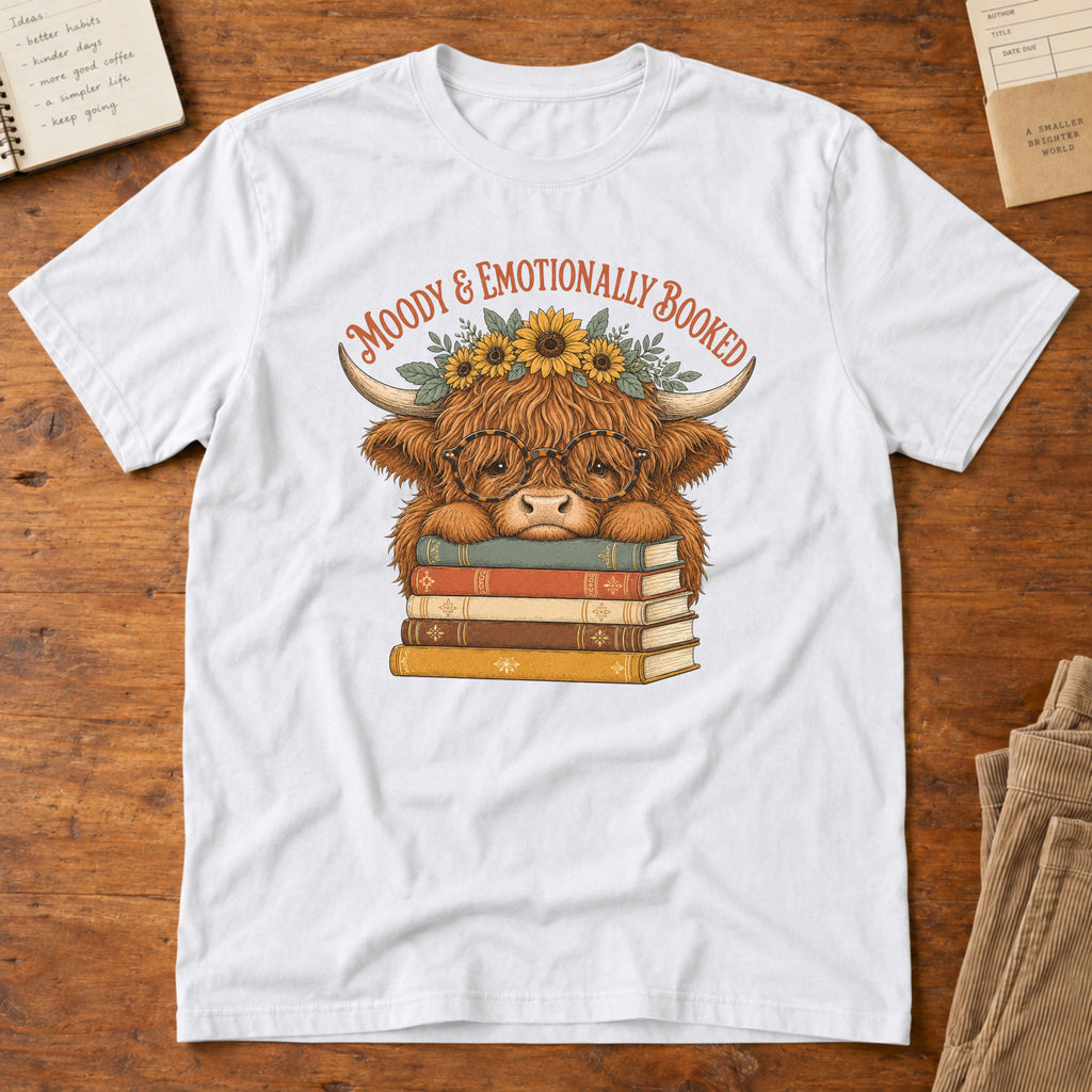 Emotionally Booked and Moody Highland Cow T-Shirt